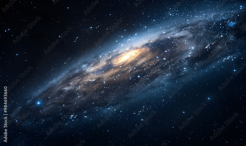 Naklejka premium view of spiral galaxy in deep space, Milky Way structure, cosmic beauty, star formation, universe exploration, outer space, night sky photography, astronomy, celestial wonders