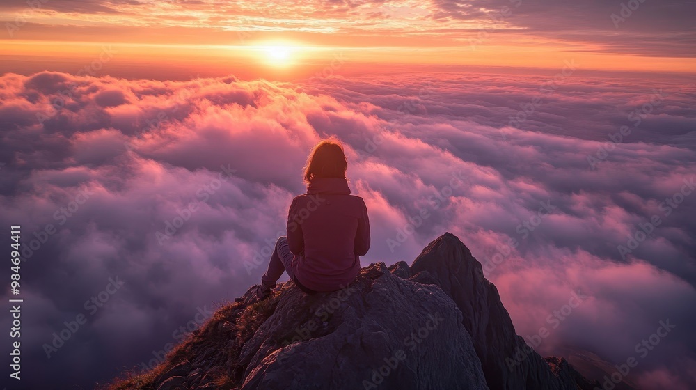 Majestic Sunset Over the Clouds - A Spiritual Moment on the Mountain Peak Majestic Sunset Over the Clouds - A Spiritual Moment on the Mountain Peak