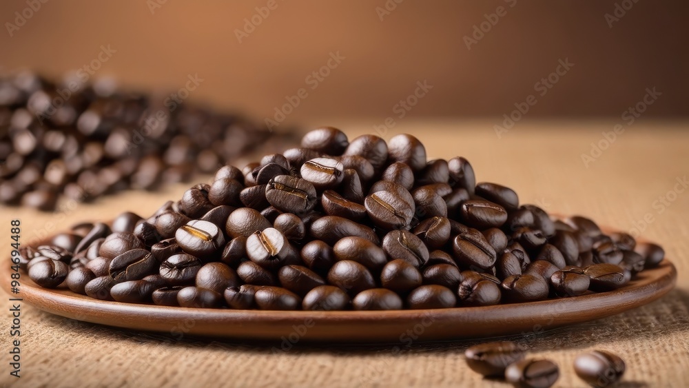 Fototapeta premium A close-up of a pile of roasted coffee beans on a wooden plate, showcasing their rich color and texture.
