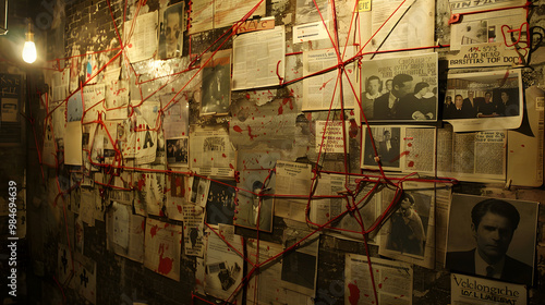 Crime investigation evidence wall with newspaper clippings, conspiracy theory, detective work, suspect connections, crime scene clues, red strings, forensic investigation, unsolved mystery case

