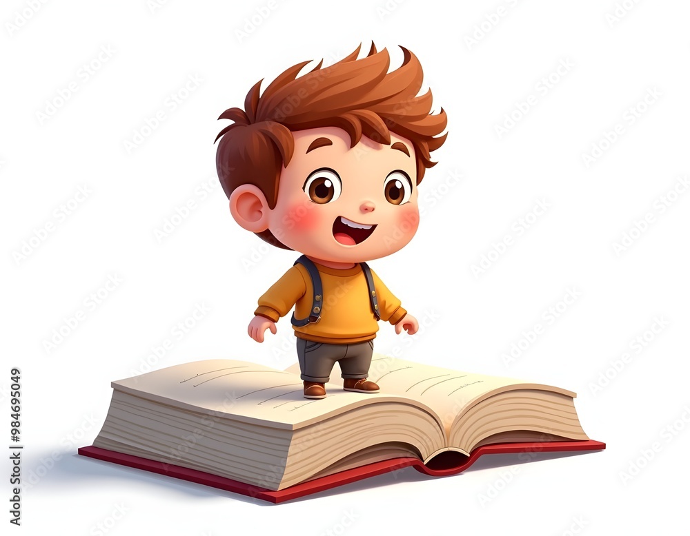 Illustration of Cartoon boy with big open and standing up on big book isolated on white background
Illustration of Cartoon boy with big open and standing up on big book isolated on white background