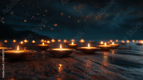 Tranquil floating candles on water at night under a starry sky photo