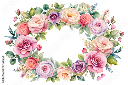 Romantic floral wreath with roses and greenery in watercolor