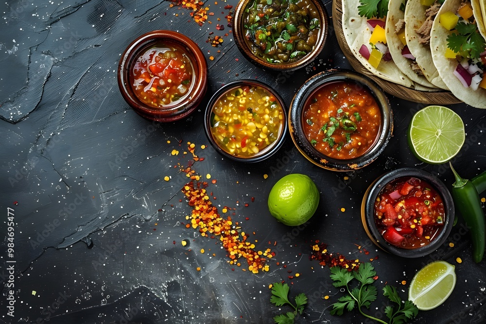 A Colorful Array of Salsas and Tacos Ready for a Flavorful Feast A Colorful Array of Salsas and Tacos Ready for a Flavorful Feast