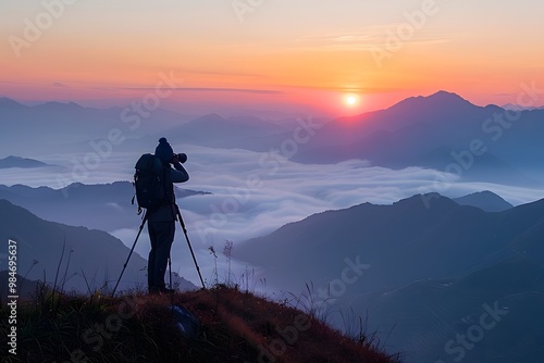 Capturing the Dawn: A Photographer's Moment at Sunrise in the Mountains