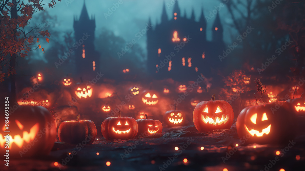 Spooky Halloween Night with Jack O' Lanterns and Haunted Castle in Foggy Forest Spooky Halloween Night with Jack O' Lanterns and Haunted Castle in Foggy Forest