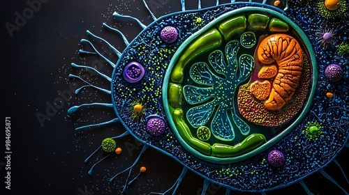 Cross-sectional view of a plant cell showing chloroplast and vacuole. Dark background with vibrant details.