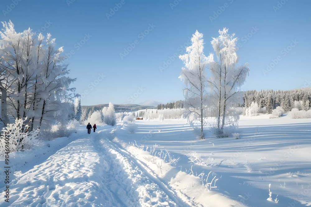 Fototapeta premium Serene Winter Walk Through a Snow-Covered Landscape