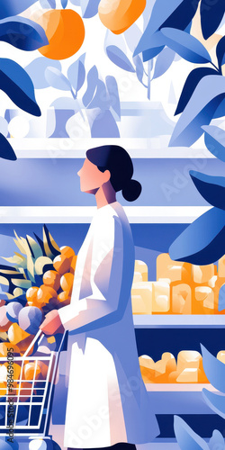 Woman shopping in a vibrant grocery store illustrated with fruits and shelves photo