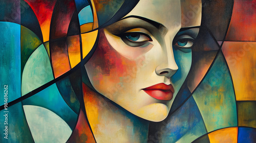 Stylized portrait of a woman, artistic mood, with colorful geometric background
