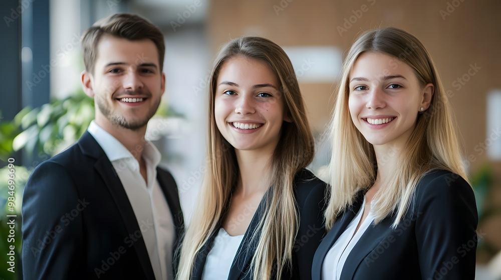 Three Smiling Business Professionals in Formal Attire Three Smiling Business Professionals in Formal Attire