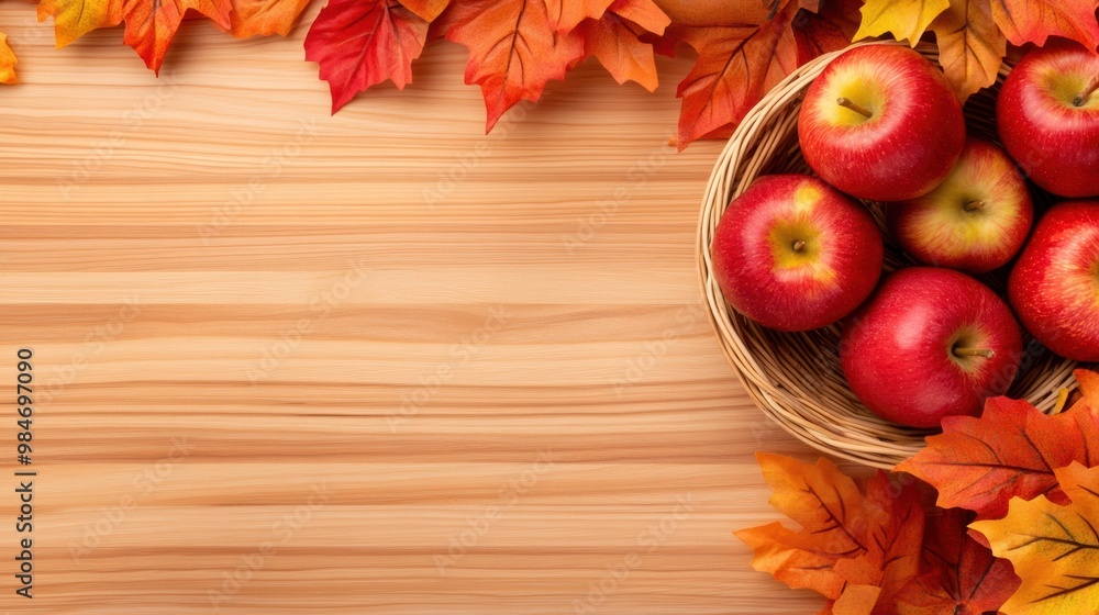 A basket of apples on a wooden table with autumn leaves, AI