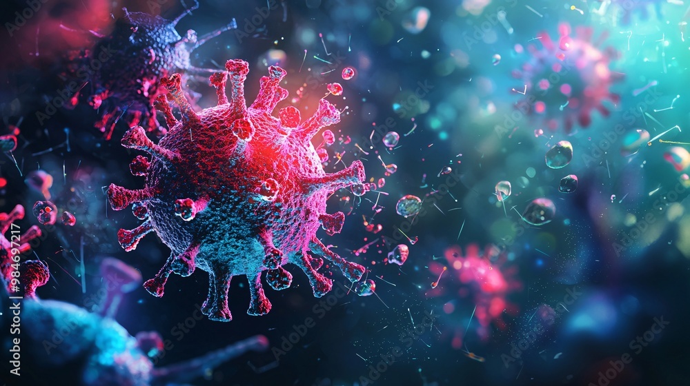 Detailed illustration of a virus entering a host cell, showing fusion process. Bright colors on a dark background. Detailed illustration of a virus entering a host cell, showing fusion process. Bright colors on a dark background.