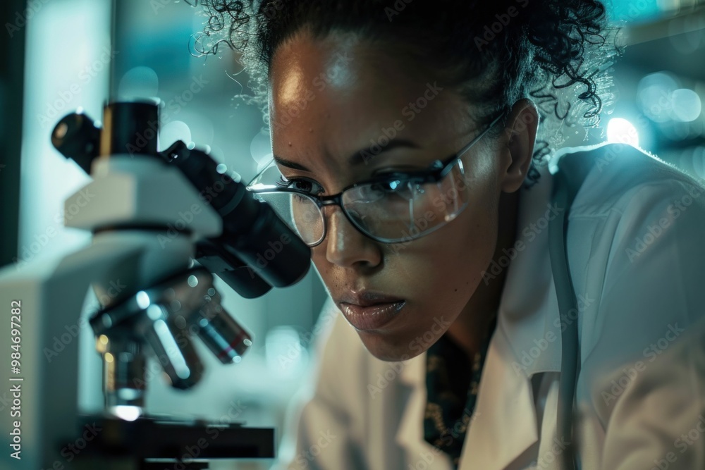 Scientist examining samples under a microscope in a laboratory setting Dimly lit background highlights focus on research Scientist examining samples under a microscope in a laboratory setting Dimly lit background highlights focus on research