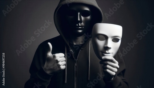 Person in a hood wearing a black mask and holding a white mask while giving a thumbs-up..Concept: Dual identity, hidden agenda, deception, online anonymity