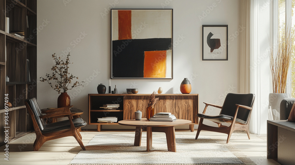 Fototapeta premium Scandinavian Dining Room Charm. Cozy dining area with mid-century modern chairs, Living room of dining room interior with mock up poster frame, stylish table.