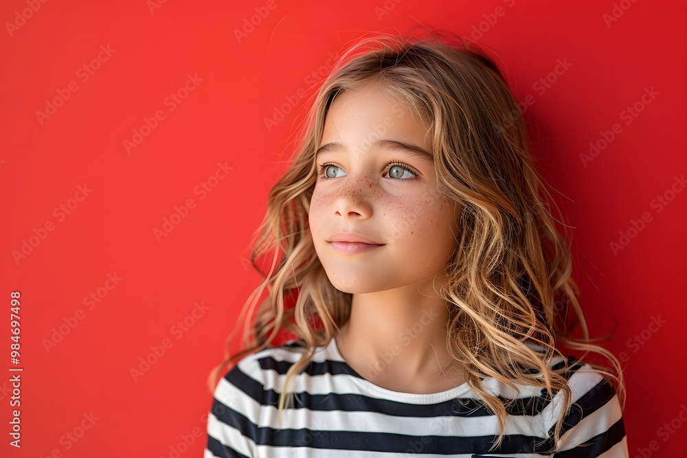 Thoughtful Girl Against a Bold Red Background Thoughtful Girl Against a Bold Red Background