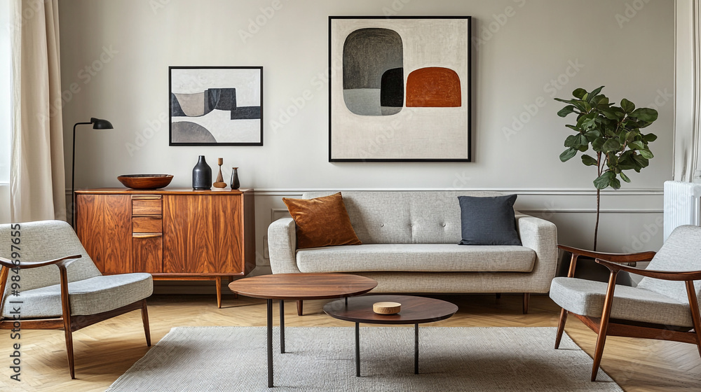 The image depicts a minimalist workspace featuring a wooden desk with tapered legs, Interior of modern dining room with sea view. The image depicts a minimalist workspace featuring a wooden desk with tapered legs, Interior of modern dining room with sea view.
