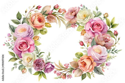 Watercolor floral wreath with roses and green leaves