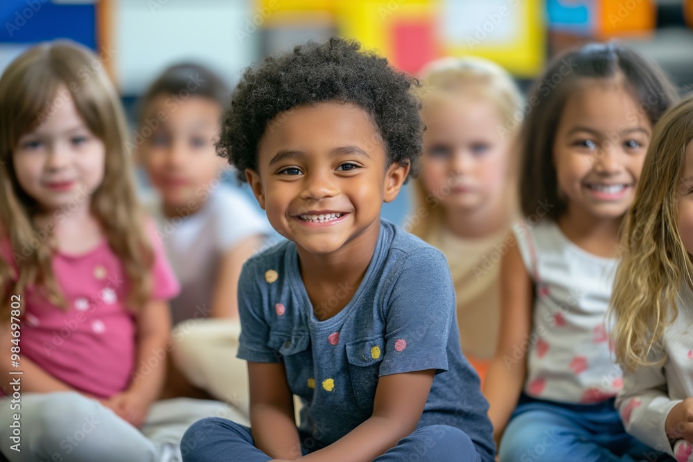 A group of children are sitting in a circle and smiling. The children are of different ages and races, but they all seem to be enjoying each other's company A group of children are sitting in a circle and smiling. The children are of different ages and races, but they all seem to be enjoying each other's company
