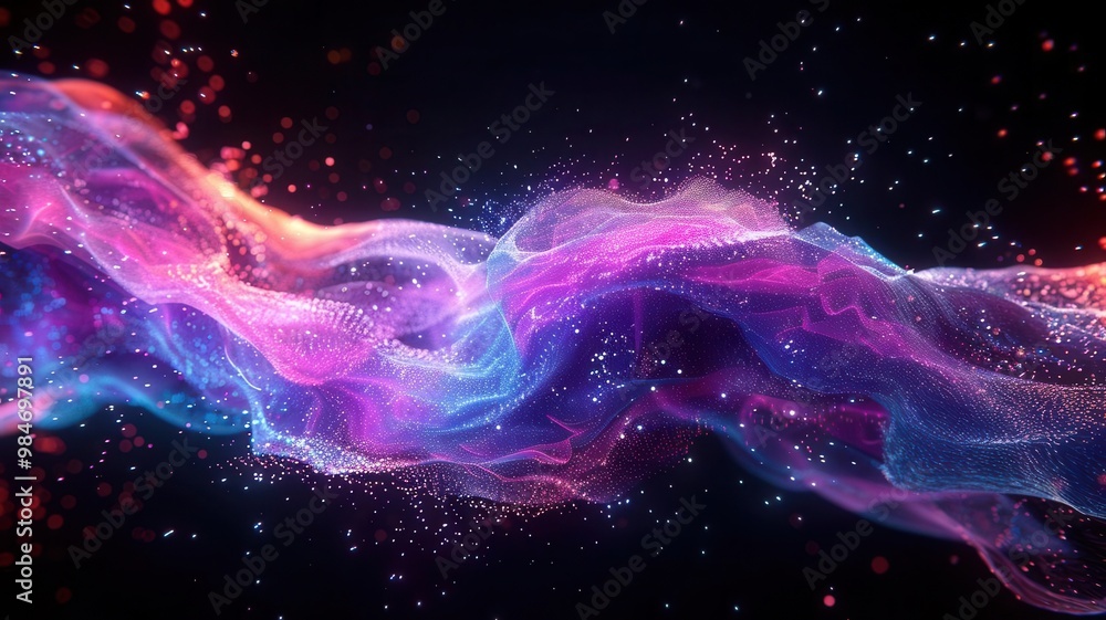 Fototapeta premium Abstract colorful energy flow with particles in dark background.