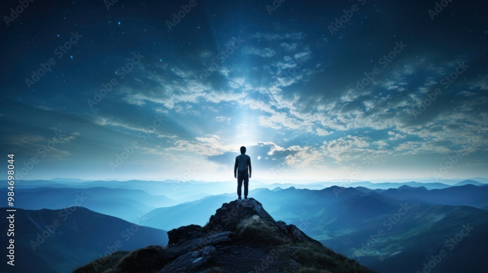 A silhouette of a hiker stands atop a majestic mountain, gazing upon the breathtaking panorama of the Milky Way stretching across the horizon. A silhouette of a hiker stands atop a majestic mountain, gazing upon the breathtaking panorama of the Milky Way stretching across the horizon.