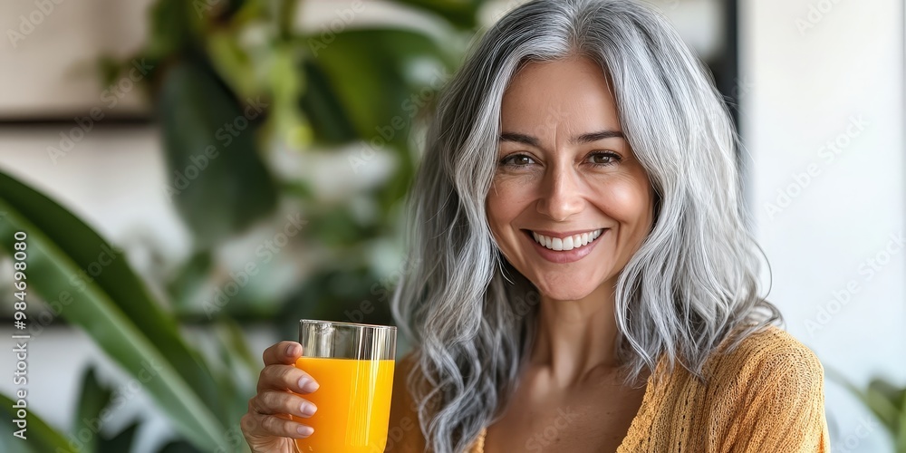 A woman with gray hair holding a green smoothie. A woman with gray hair holding a green smoothie.