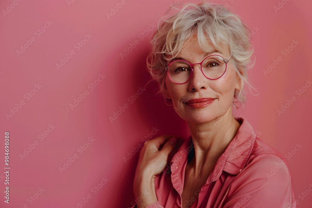 Elegant Portrait of a Mature Woman Against a Soft Pink Background Elegant Portrait of a Mature Woman Against a Soft Pink Background