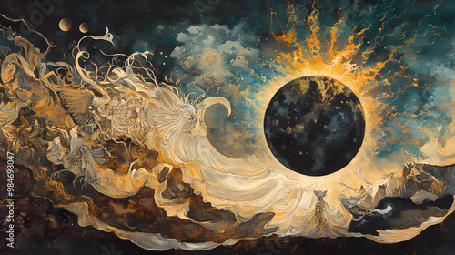 A traditional painting of a lunar eclipse, with the moon depicted as a powerful, divine figure, surrounded by celestial beings. Celestial Beings. Illustration photo