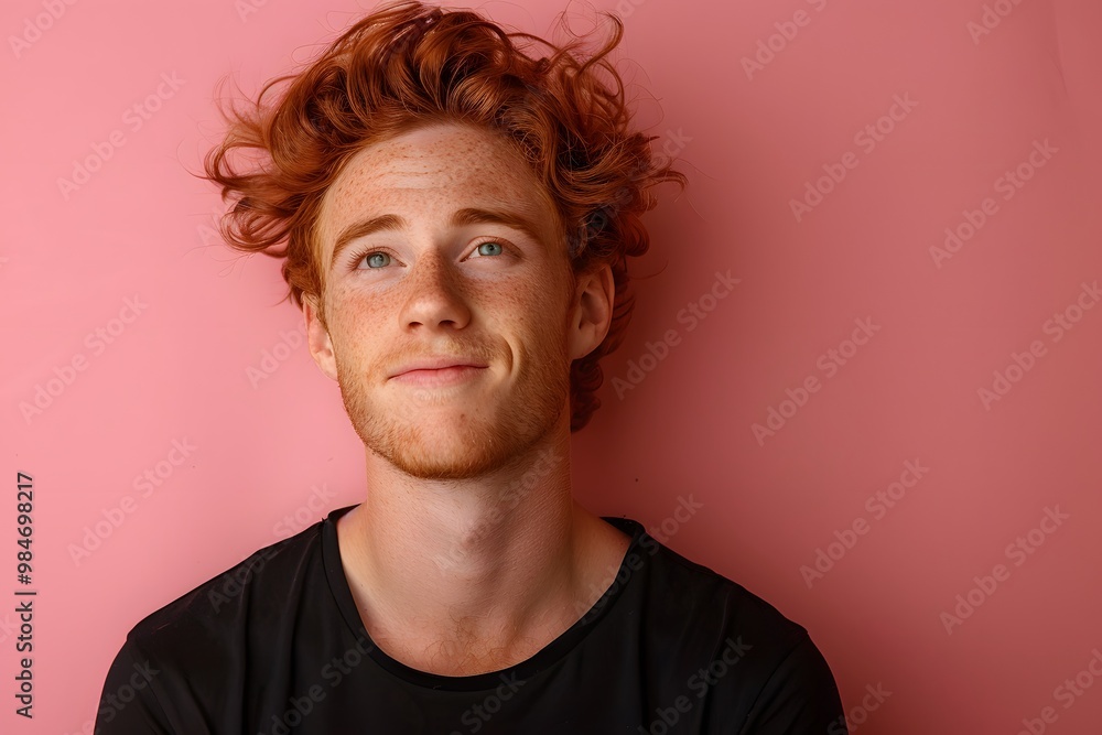 Cheerful Young Man with Freckles and Curly Red Hair Against a Pink Background Cheerful Young Man with Freckles and Curly Red Hair Against a Pink Background