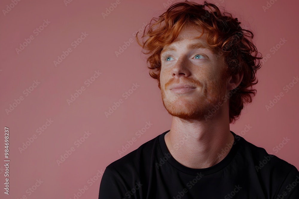 Thoughtful Portrait of a Young Man with Curly Red Hair Against a Soft Pink Background Thoughtful Portrait of a Young Man with Curly Red Hair Against a Soft Pink Background