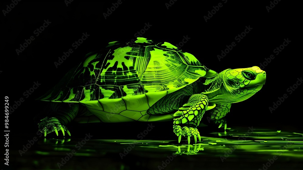 Fototapeta premium Glowing Neon Green Turtle Crawling on Black Background in Surreal Futuristic Scene