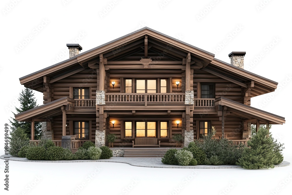 luxury classic light brown chalet house with classic garden lamp isolated on white background luxury classic light brown chalet house with classic garden lamp isolated on white background