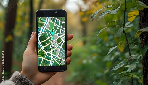 Woman using smartphone in park for travel and navigation while identifying nature with a safety app for plants like poison ivy photo