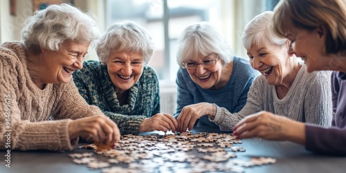 Four older women are happily putting together a jigsaw puzzle.