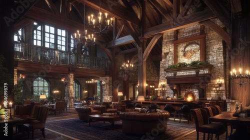 Rustic Gothic great room with wooden beams and stone walls, featuring leather armchairs, candelabras, and a refectory table. Warm lighting and rich earth tones. Balanced composition. 