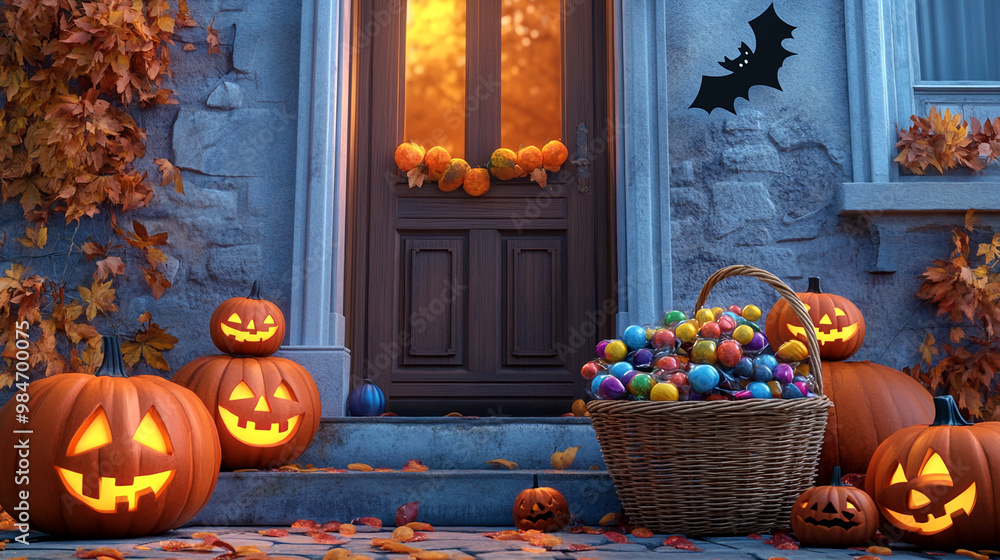 Obraz premium halloween candy lollipops and pumpkin in front of the door and table trick or treat jack o lantern background