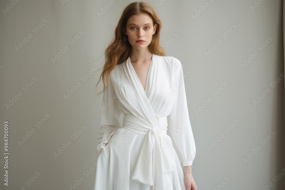 A sustainable long-sleeve white wedding dress made from eco-friendly materials and ethical production practices