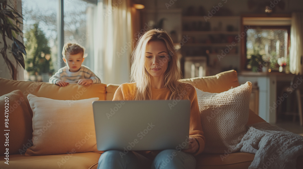 woman sitting on the sofa of her home with in front of laptop while working from home in the background a child playing. woman sitting on the sofa of her home with in front of laptop while working from home in the background a child playing.