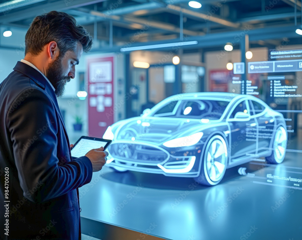 a mechanical engineer with a tablet in his hands diagnoses and constructs a hologram of an electric car in a workshop laboratory