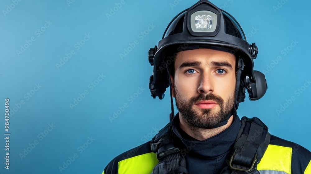 A man in a fireman's uniform with helmet on and beard, AI A man in a fireman's uniform with helmet on and beard, AI