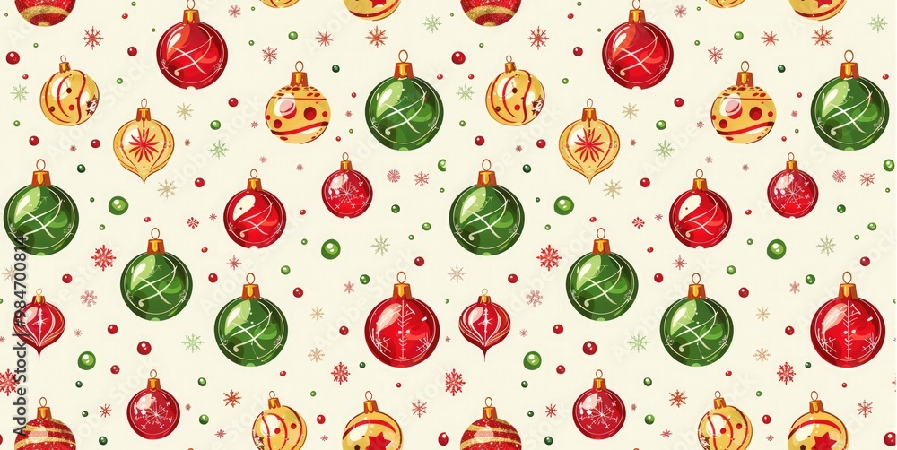 Seamless Christmas pattern with bright red, green and gold Christmas ornaments with delicate snowflakes on a light background. For festive wrapping paper, holiday cards and seasonal decorations Seamless Christmas pattern with bright red, green and gold Christmas ornaments with delicate snowflakes on a light background. For festive wrapping paper, holiday cards and seasonal decorations