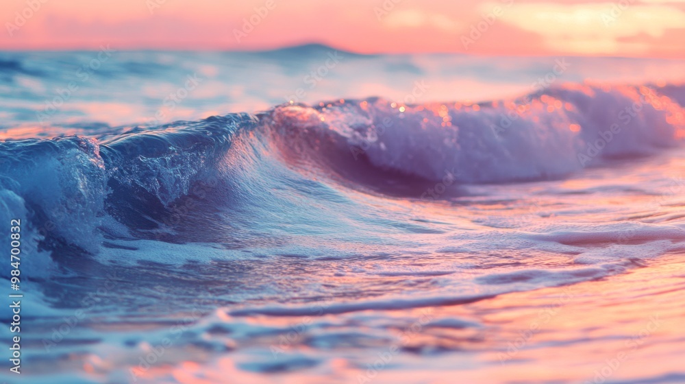 Fototapeta premium Gentle blue waves with a sunset background, peaceful scene,