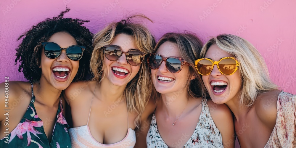 Four women wearing sunglasses and smiling brightly. Four women wearing sunglasses and smiling brightly.
