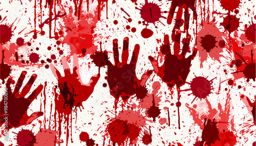 Bloody red horror hand prints splatter paint and ink blots grunge abstract vector seamless pattern, Halloween red paint illustration on white background, design elements for Halloween decor, creepy  photo