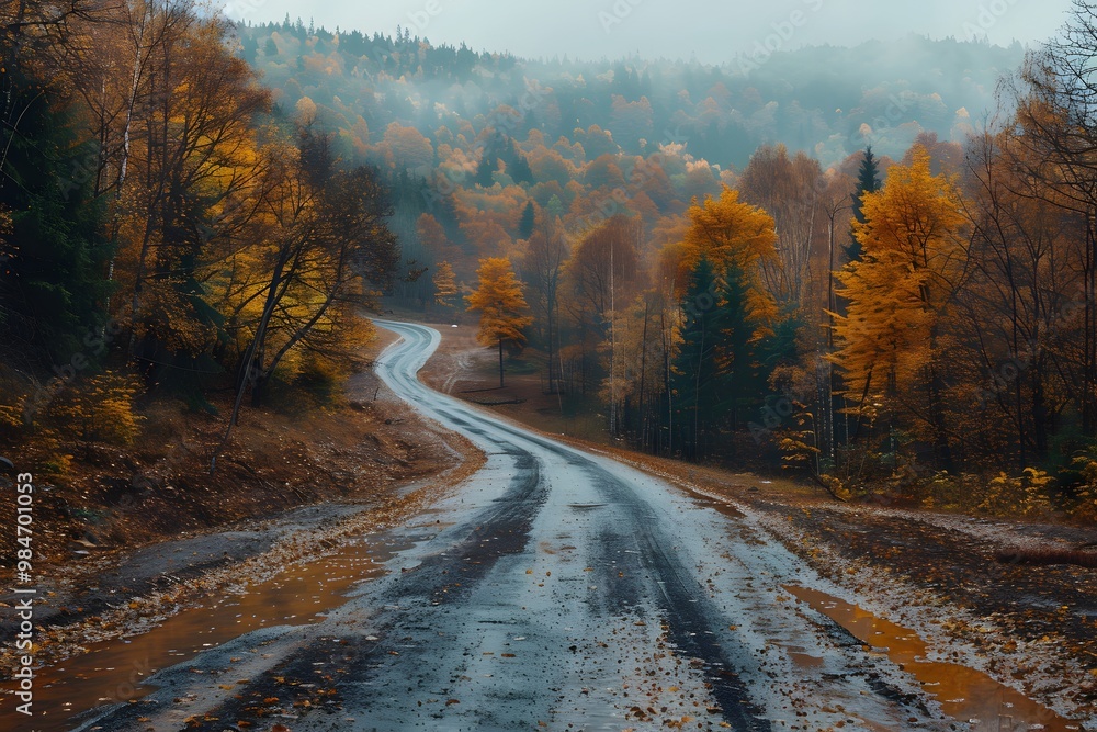 Serene Autumn Road Through a Misty Forest Landscape