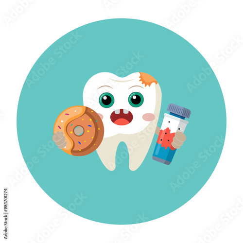 Vector illustration of a tooth affected by caries. The concept of oral hygiene and the harm of consuming sugary drinks, sweets and donuts.