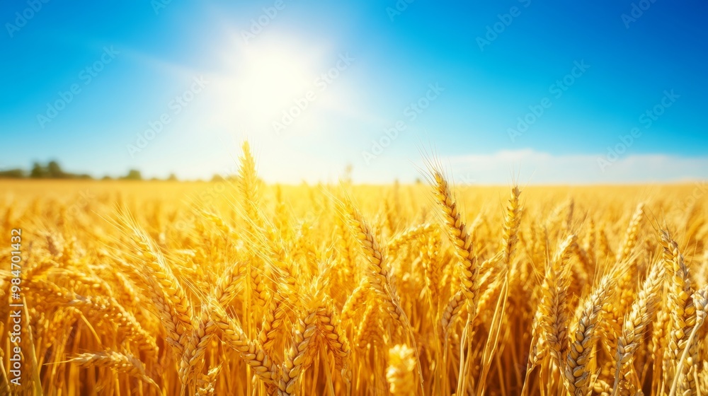 Naklejka premium Golden wheat fields under a bright sun, endless horizon,
