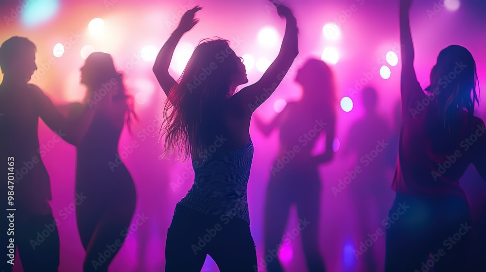 A group of people dancing in a brightly lit room with colorful lights. A group of people dancing in a brightly lit room with colorful lights.