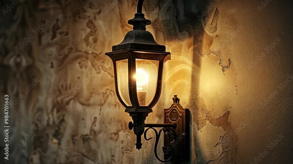 Elegant lantern casting warm light on a textured wall in a cozy corner of an old building at dusk Elegant lantern casting warm light on a textured wall in a cozy corner of an old building at dusk